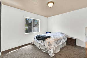Bedroom with dark carpet and a textured wall