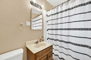Full bathroom with vanity and a shower with curtain