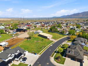 Aerial view of residential area with mountains