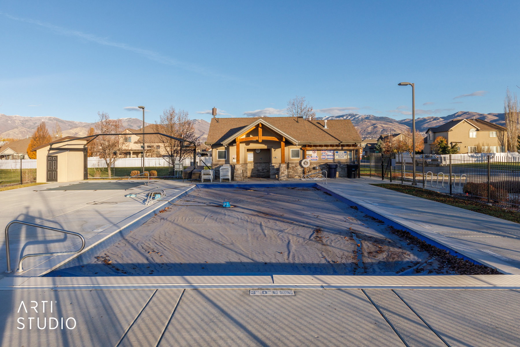 View of pool featuring a residential view and a mountain view