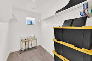 Walk in closet featuring light carpet