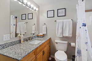Bathroom with a shower curtain and vanity