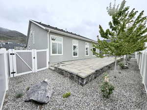 Back of house with a gate, a fenced backyard, a patio, and large patio