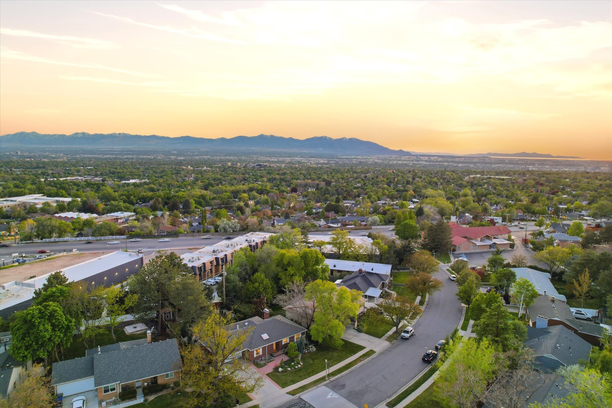 Aerial view at dusk of a mountain view