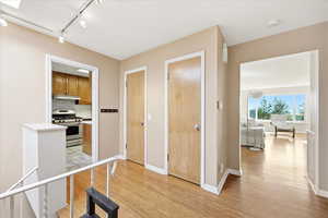 Hall with rail lighting and light wood-style flooring