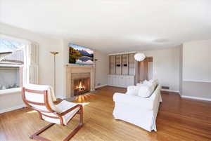 Living room featuring a fireplace with flush hearth and light wood-type flooring
