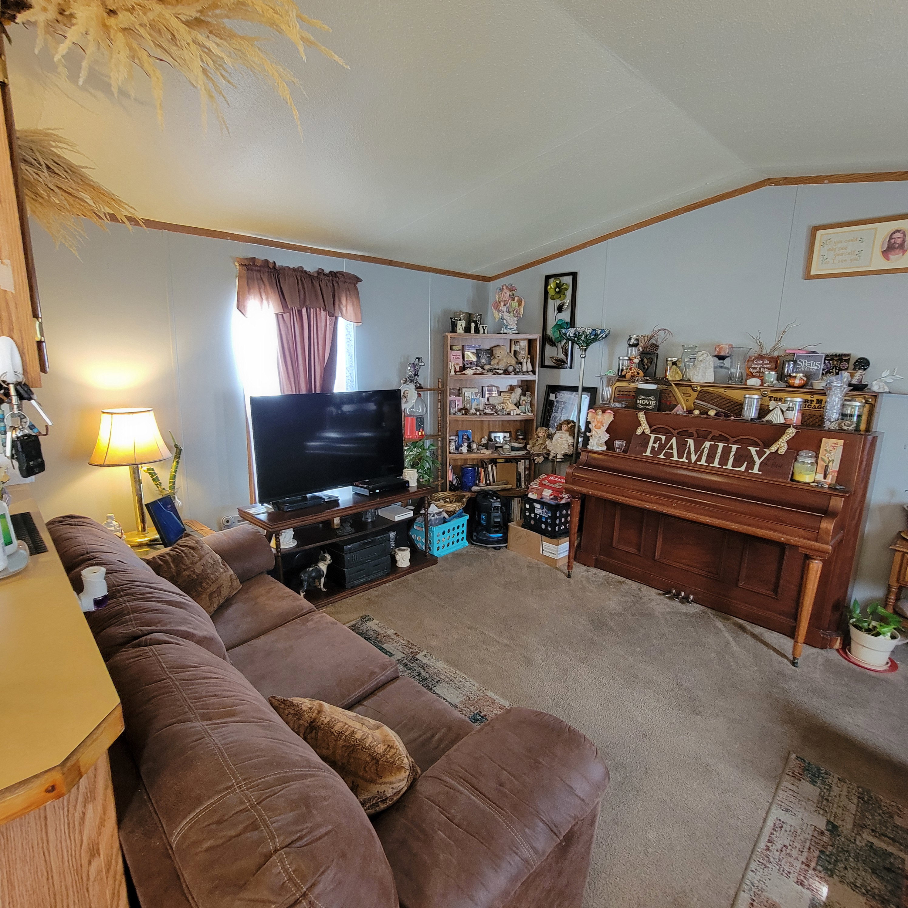 Carpeted living area with lofted ceiling