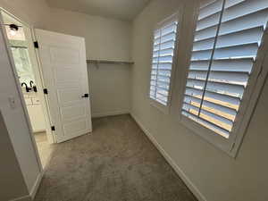 Walk in closet with light colored carpet and a sink