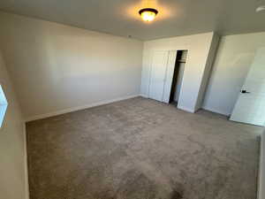Unfurnished bedroom featuring carpet floors, a closet, and a textured ceiling