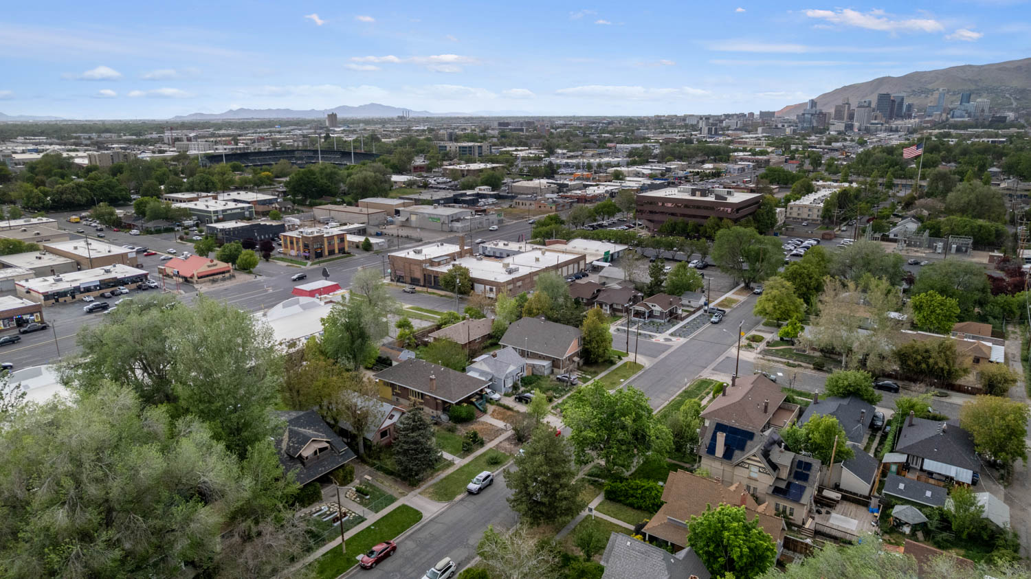 Aerial perspective showcasing a residential area with mature trees, alongside commercial structures and a distant urban skyline
