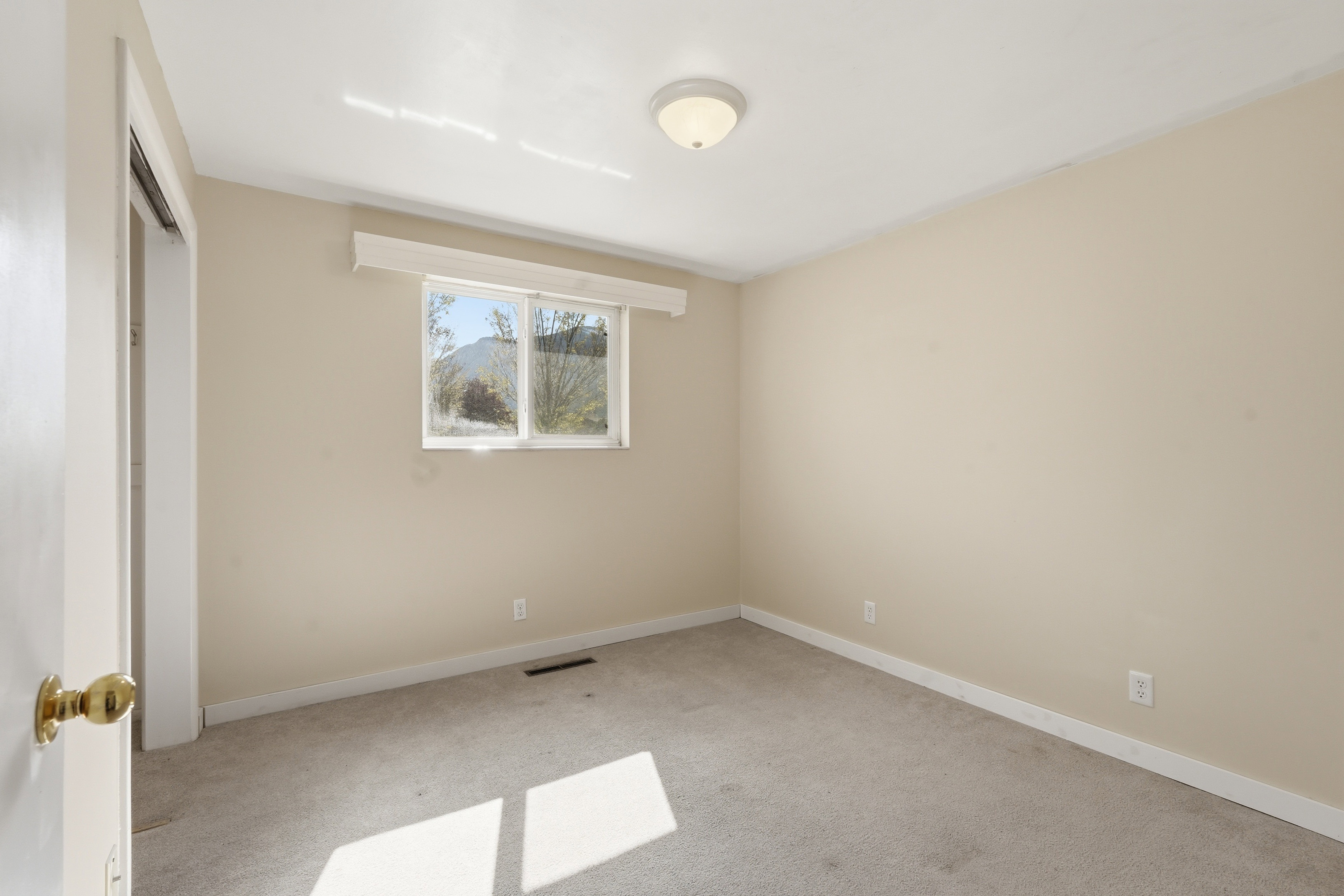 Unfurnished bedroom with light carpet and a closet