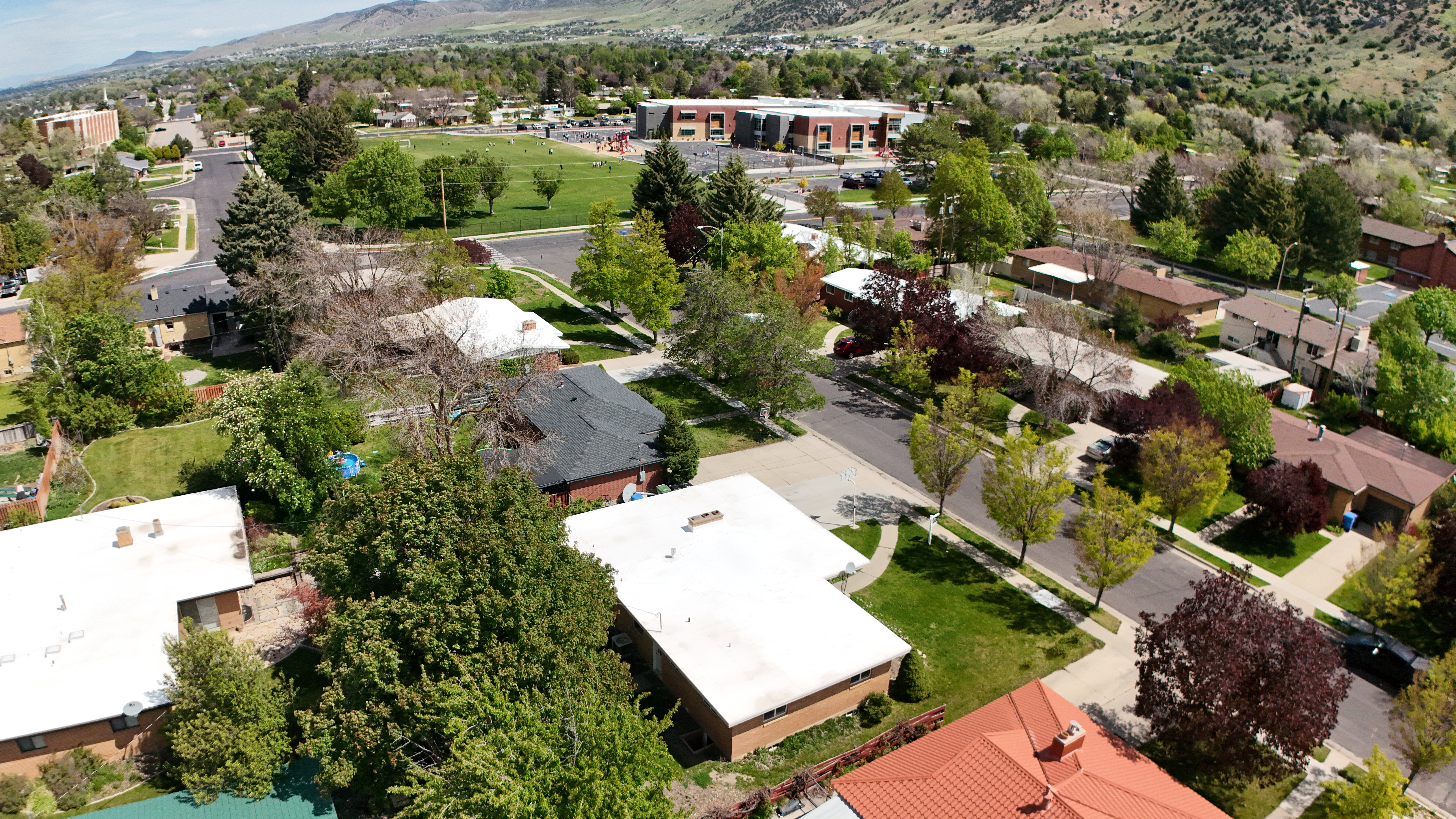 Aerial perspective featuring a residential neighborhood with diverse roofing styles, mature trees, and a distant mountainous backdrop