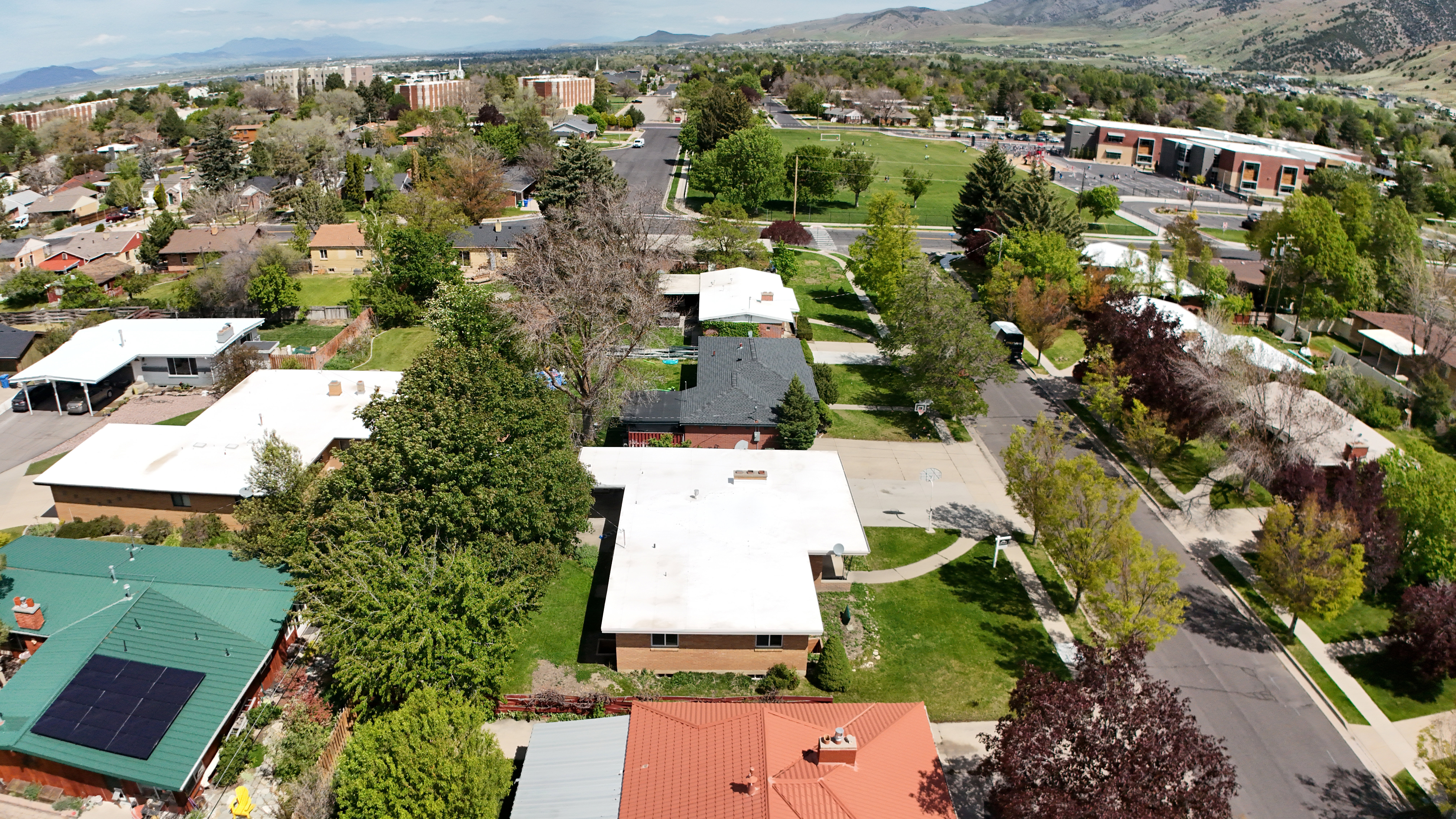 Aerial perspective of a residential street featuring mature trees, manicured lawns, and a distant mountain range