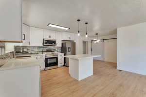 Kitchen featuring a barn door, stainless steel appliances, white cabinets, a center island, and light wood-style flooring