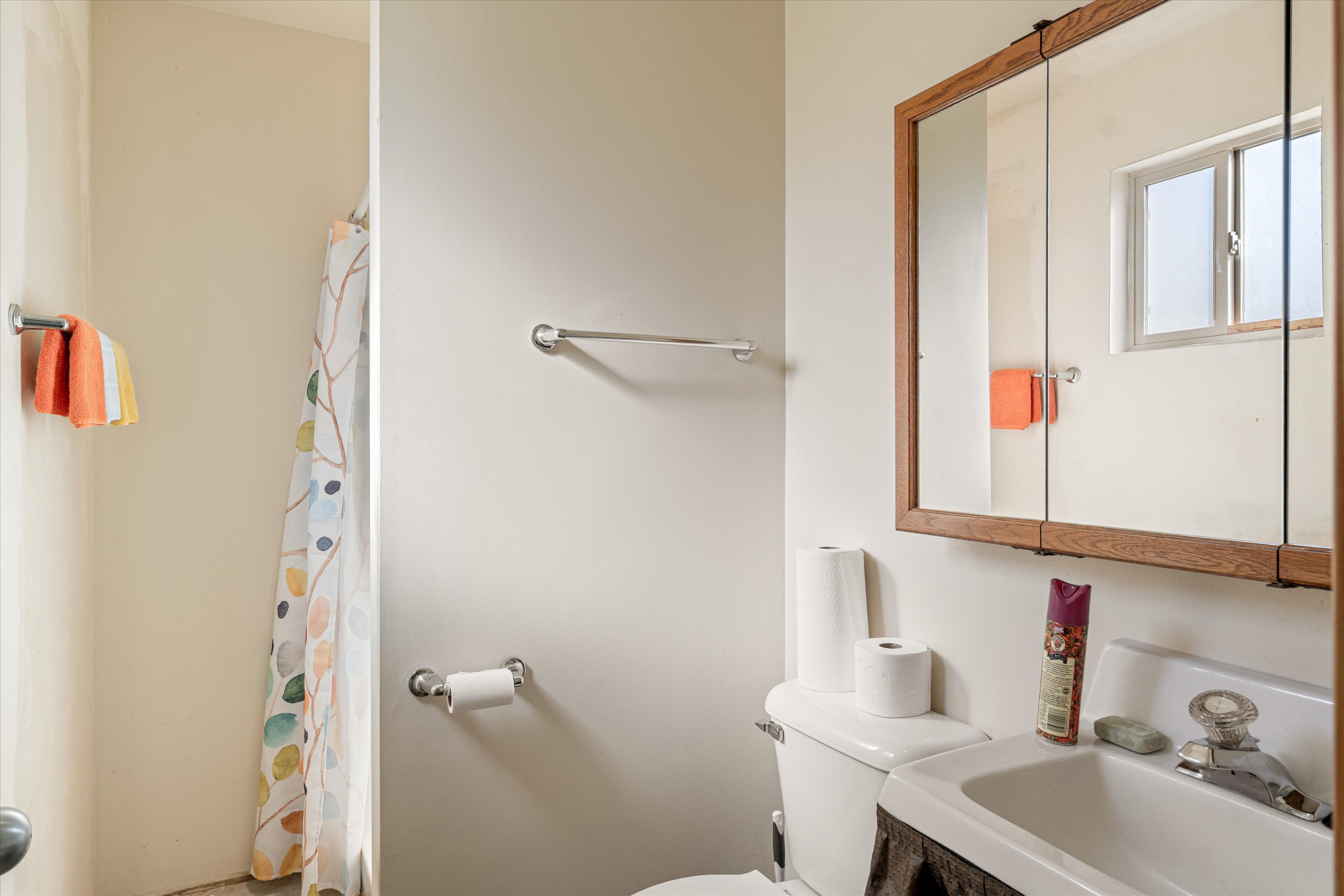 Full bathroom featuring curtained shower and vanity