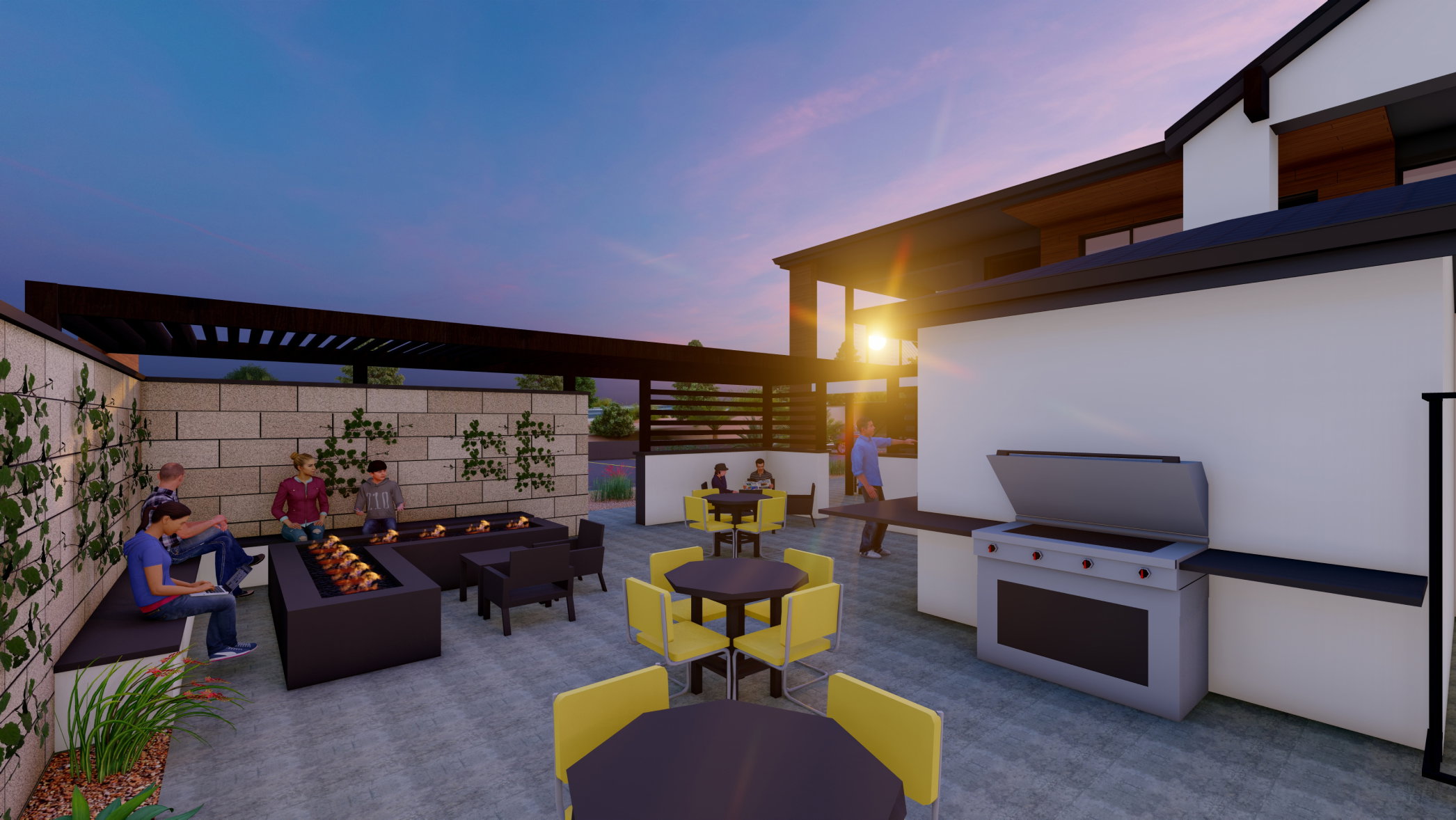 Patio terrace at dusk with a fire pit, a patio, an outdoor living / dining area, and a pergola