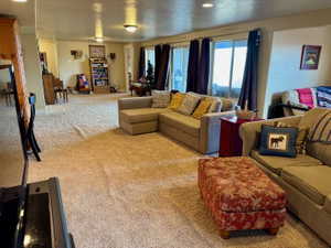 Lower level Living room with large windows to patio and lake view