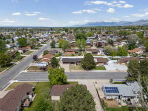 Aerial perspective of suburban area featuring mountains