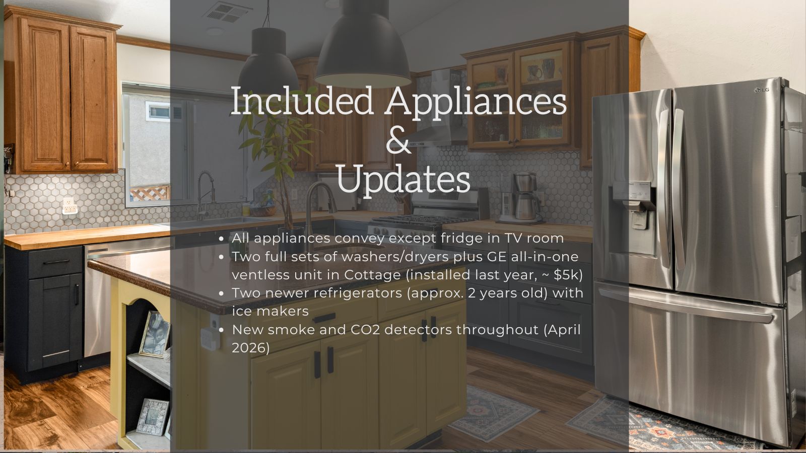 Two tone kitchen with stainless steel appliances, pendant lighting, backsplash, a kitchen island, and dark wood-type flooring
