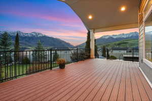 Deck at dusk with a mountain view