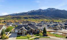 Aerial view of residential area with a mountain backdrop