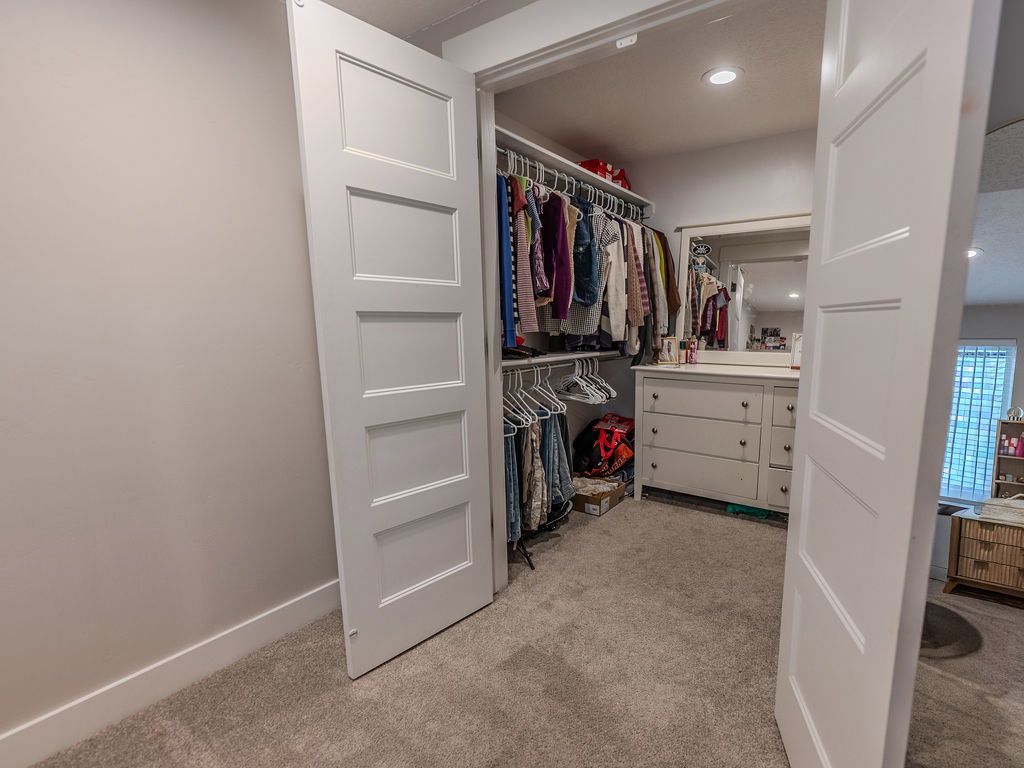 Walk in closet with light colored carpet