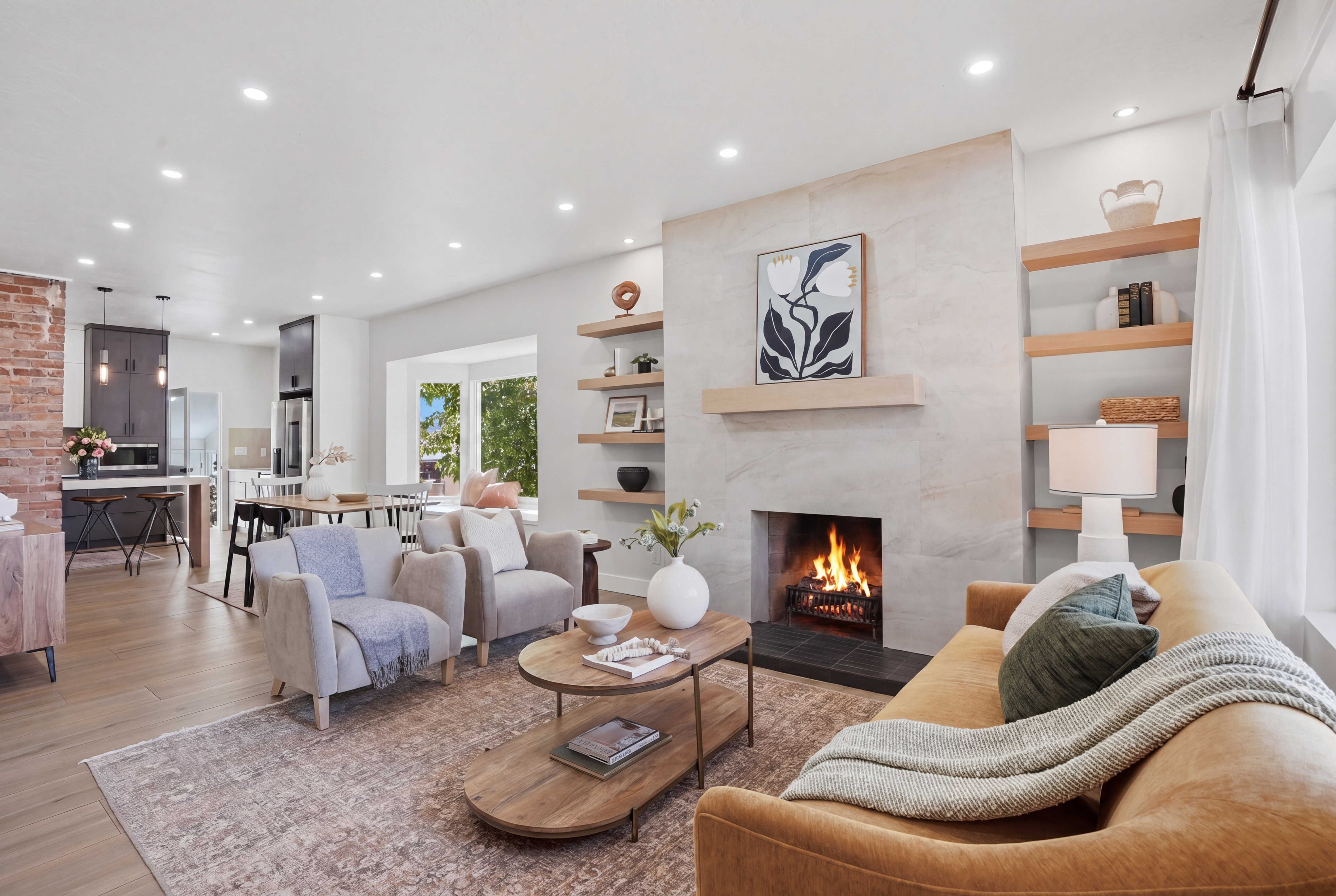 Living area with porcelain glazed tile flooring throughout, a fireplace, recessed lighting, and built in features