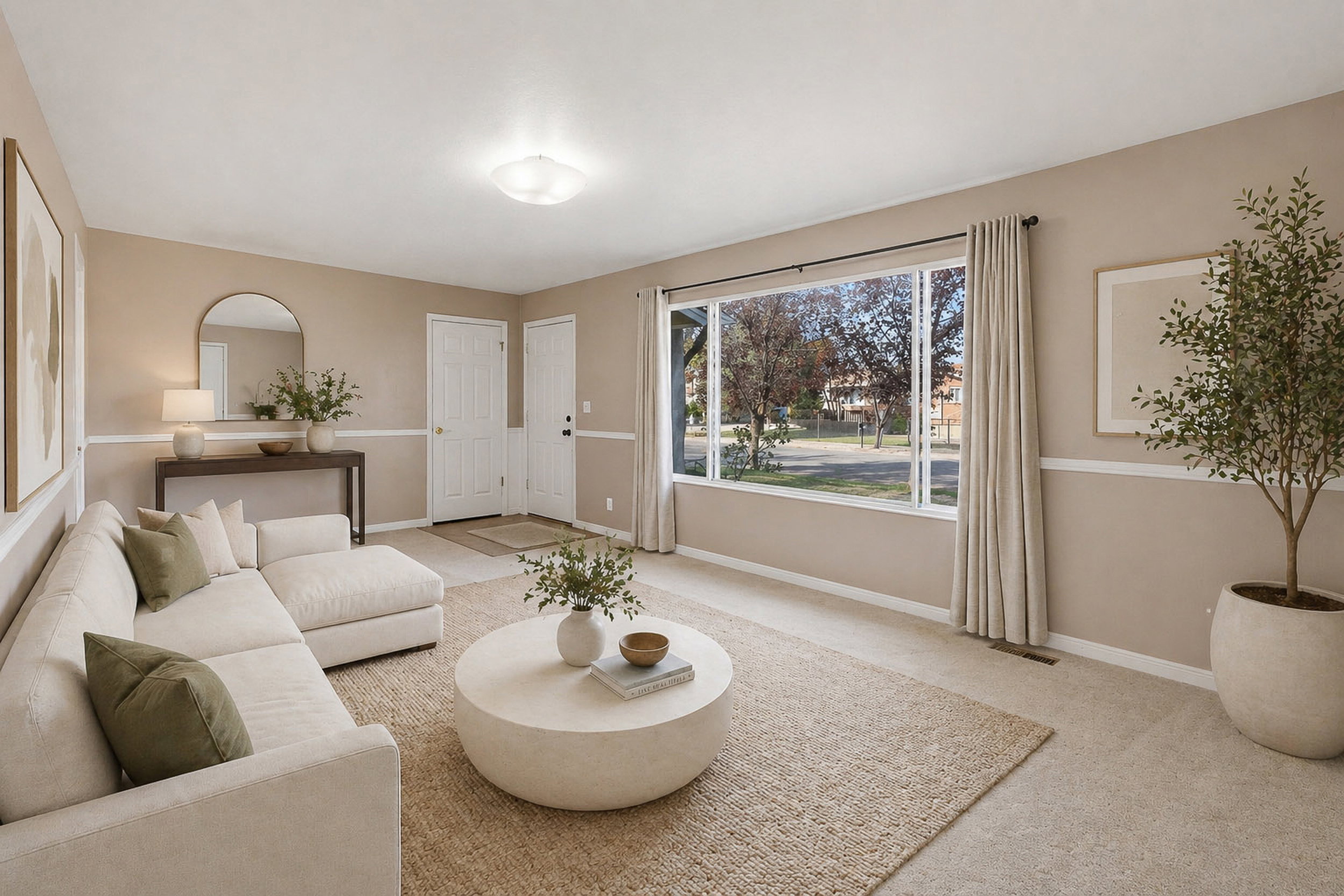 Living room featuring light carpet and baseboards