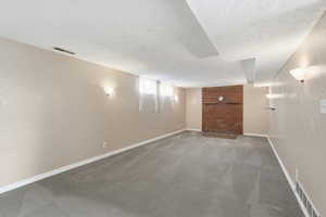 Below grade area with light carpet, a textured ceiling, and a textured wall