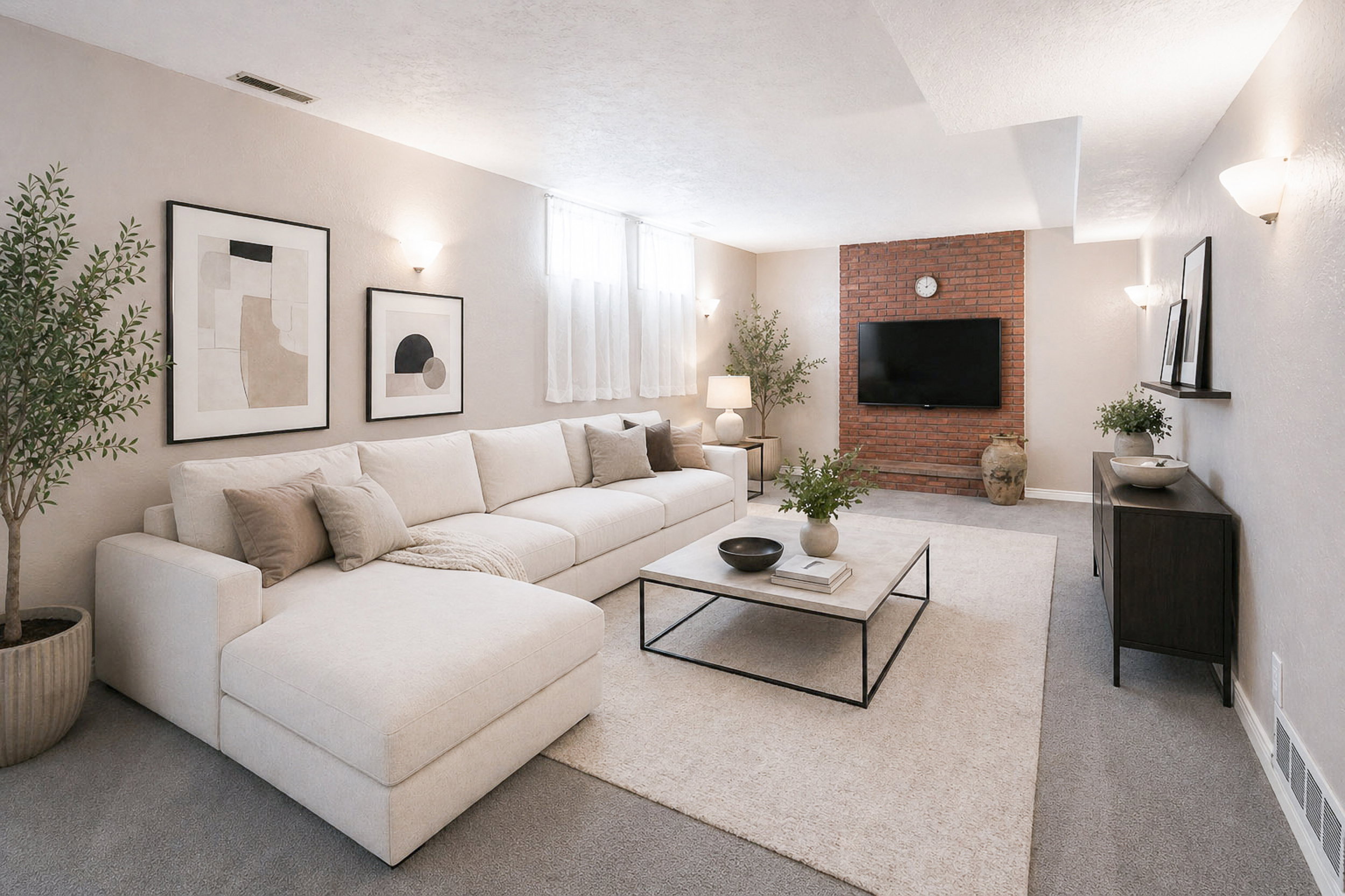 Carpeted living room featuring a textured ceiling