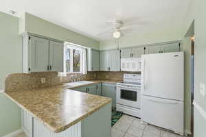 Kitchen featuring white appliances, a peninsula, ceiling fan, decorative backsplash, and light tile patterned floors