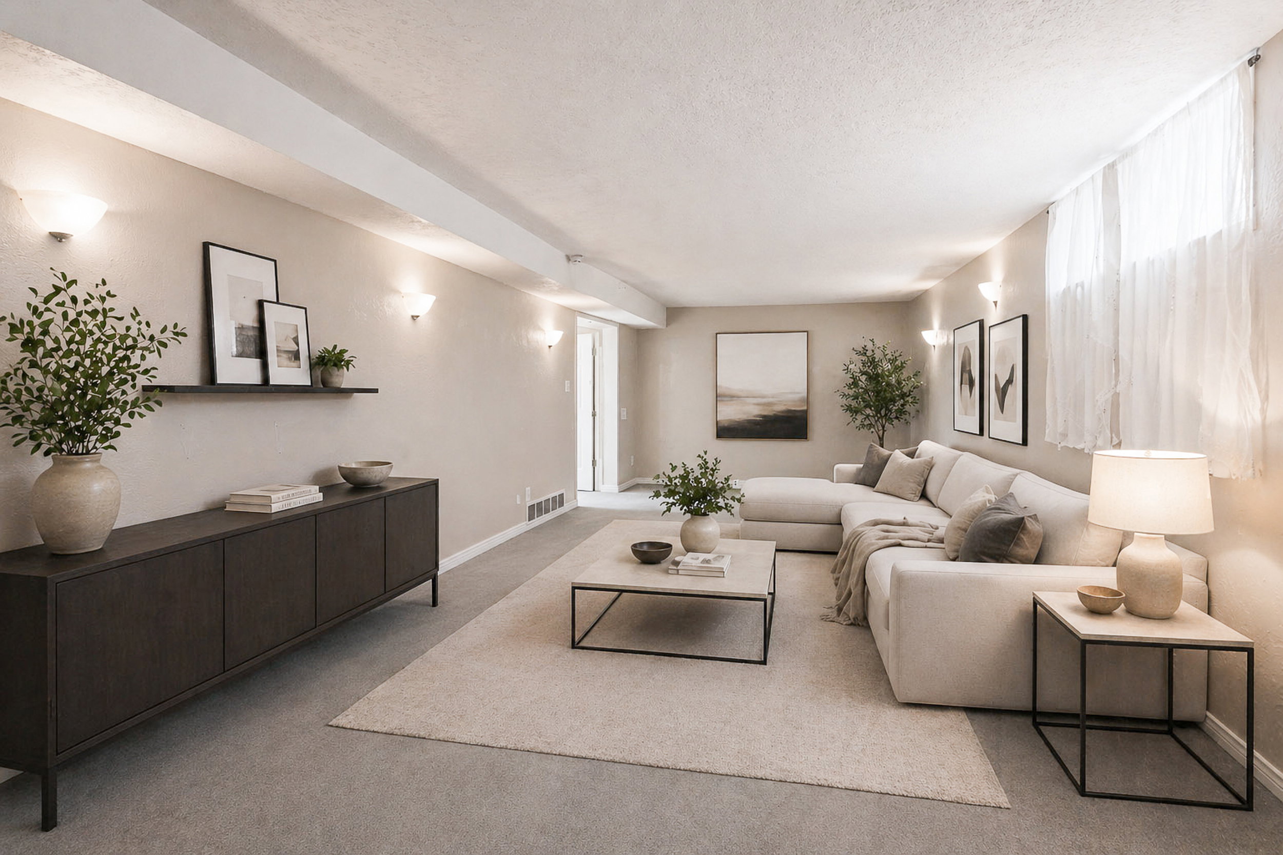 Living area featuring light carpet and a textured ceiling