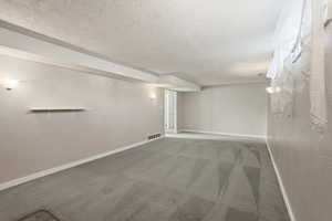 Finished basement featuring a textured ceiling and light colored carpet
