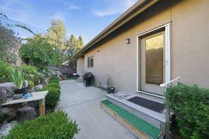 Exterior stucco wall featuring a privacy entry door with a screen door, concrete patio, and mature landscaping with rock retaining walls