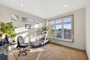 Carpeted room featuring a large multi-pane window with wood trim, recessed lighting, and a series of high transom windows providing natural illumination