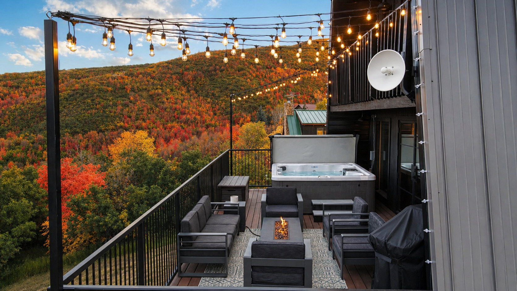 View of patio / terrace with a hot tub, a wooded view, an outdoor living space with a fire pit, and area for grilling