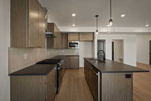 Kitchen with stainless steel appliances, a kitchen island with sink, light wood-style floors, decorative backsplash, and decorative light fixtures