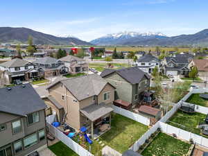 Aerial view of residential area with mountains