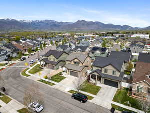 Aerial view of residential area with a mountainous background