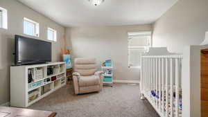 Bedroom with light colored carpet, a nursery area, and multiple windows
