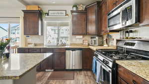 Kitchen featuring stainless steel appliances, dark wood finish cabinetry, and healthy amount of natural light