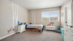 Carpeted bedroom with a textured ceiling and baseboards