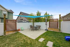Expansive backyard featuring a paved patio area, green lawn, Sail Shaded Fence white privacy fencing, and decorative lattice panels