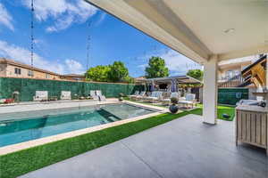 View of swimming pool with a fenced backyard and patio surround