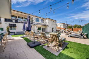 Fenced backyard with a patio and a pool