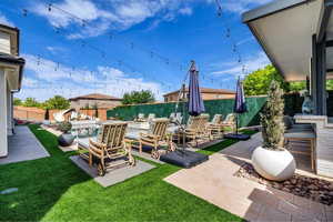 Fenced backyard with a patio area and a pool