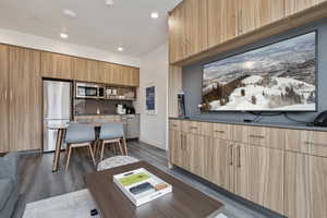 Living area with dark wood-type flooring and recessed lighting