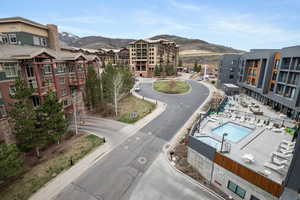 Bird's eye view of a mountainous background