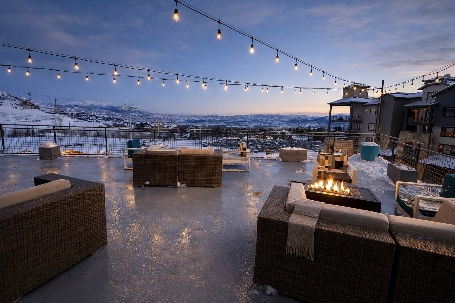 Patio terrace at dusk with a patio area and an outdoor living space with a fire pit