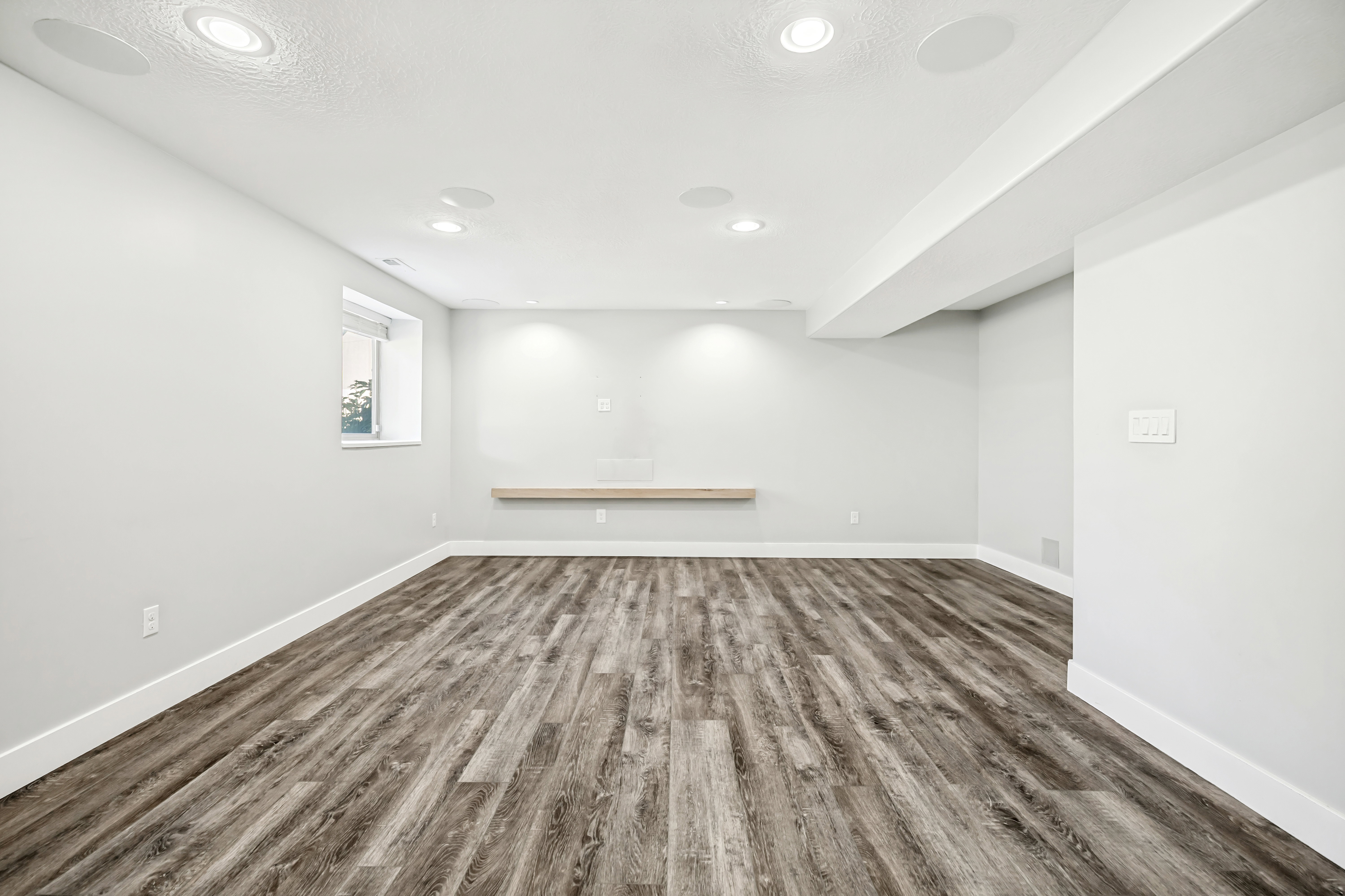 Basement with dark wood finished floors and recessed lighting